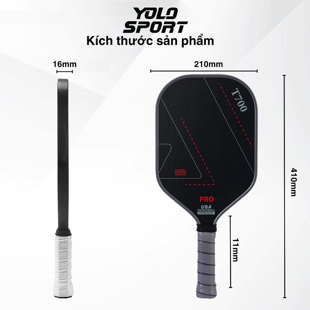 Vợt Pickleball T700 Pro Sợi Carbon Mặt Nhám Dày 16mm Công Thủ Toàn Diện Thiết Kế Rỗng Tiêu Chuẩn USAPA Bền Chất Lượng