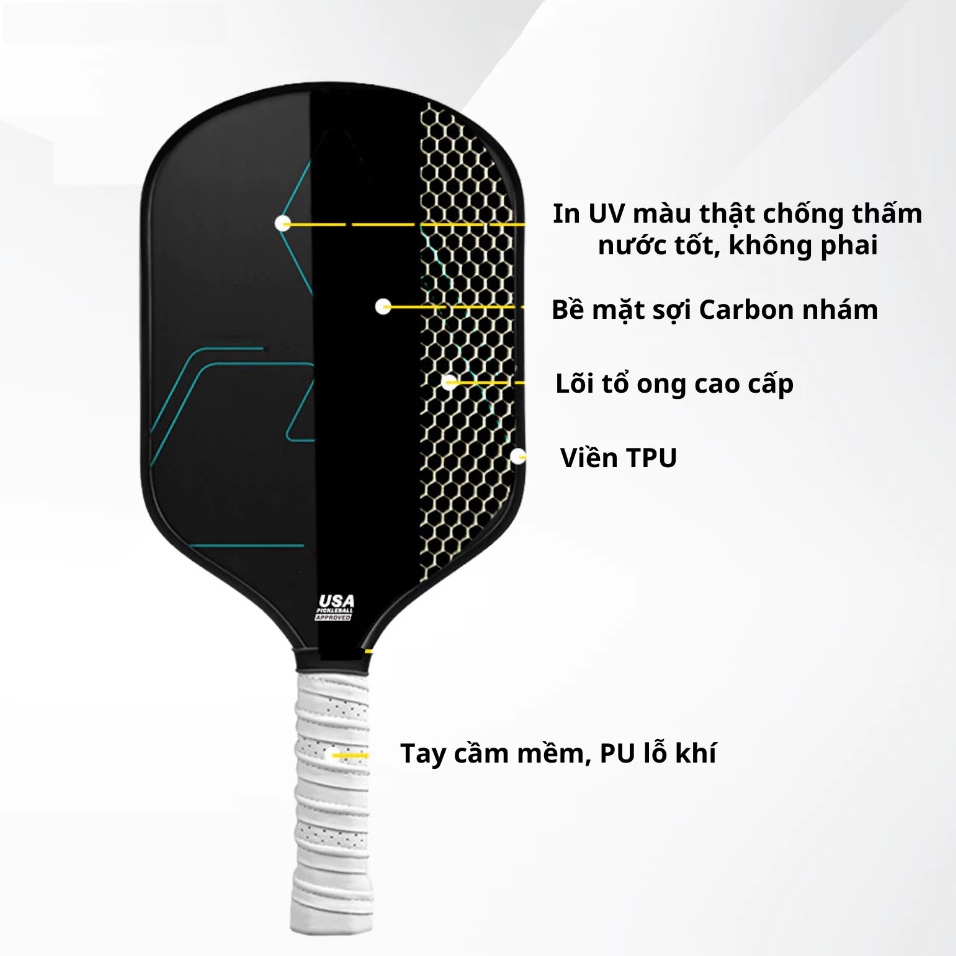 Vợt Pickleball T700 Pro Sợi Carbon Mặt Nhám Dày 16mm Công Thủ Toàn Diện Thiết Kế Rỗng Tiêu Chuẩn USAPA Bền Chất Lượng