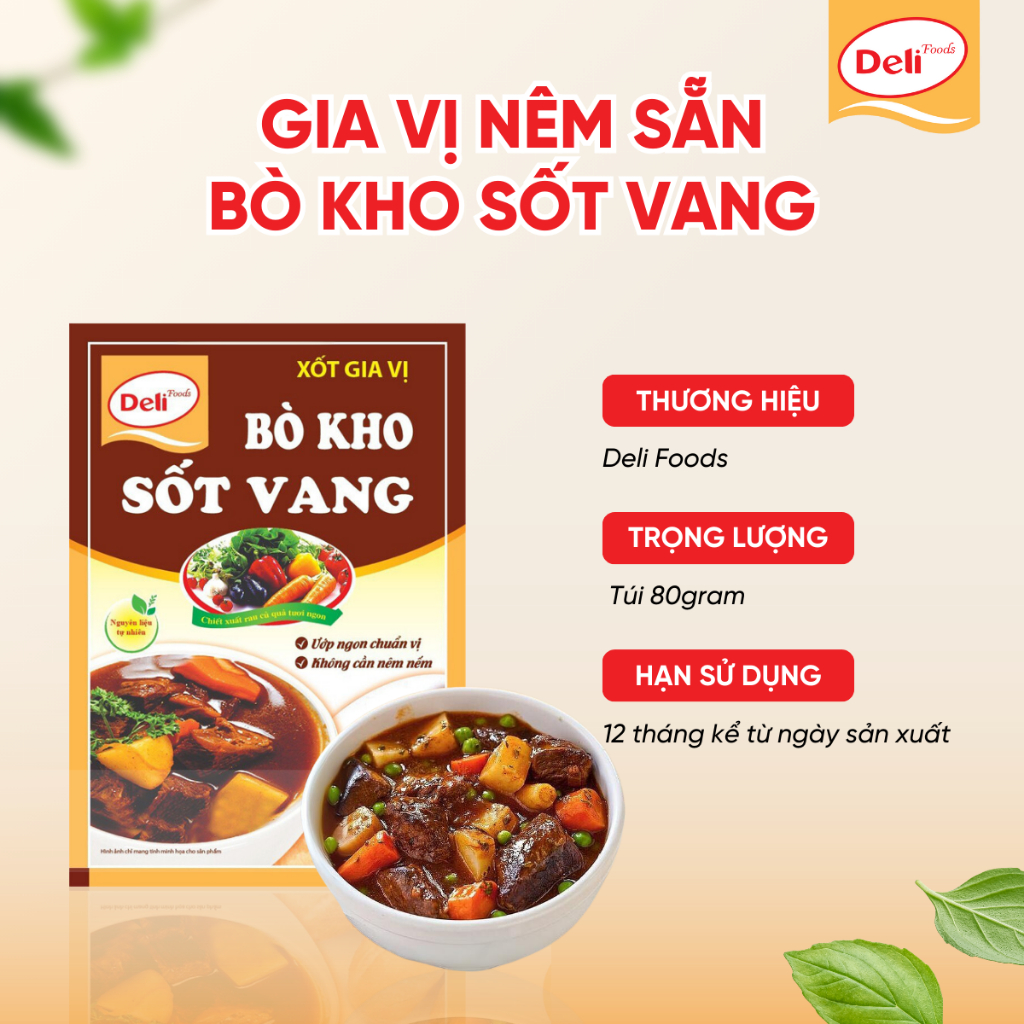 Combo Gia Vị Bò Kho Sốt Vang Deli Foods 80g – Nêm Sẵn Ướp Thịt Ngon, Tạo Màu Chuẩn Vị