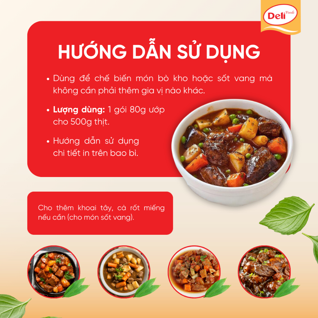 Combo Gia Vị Bò Kho Sốt Vang Deli Foods 80g – Nêm Sẵn Ướp Thịt Ngon, Tạo Màu Chuẩn Vị