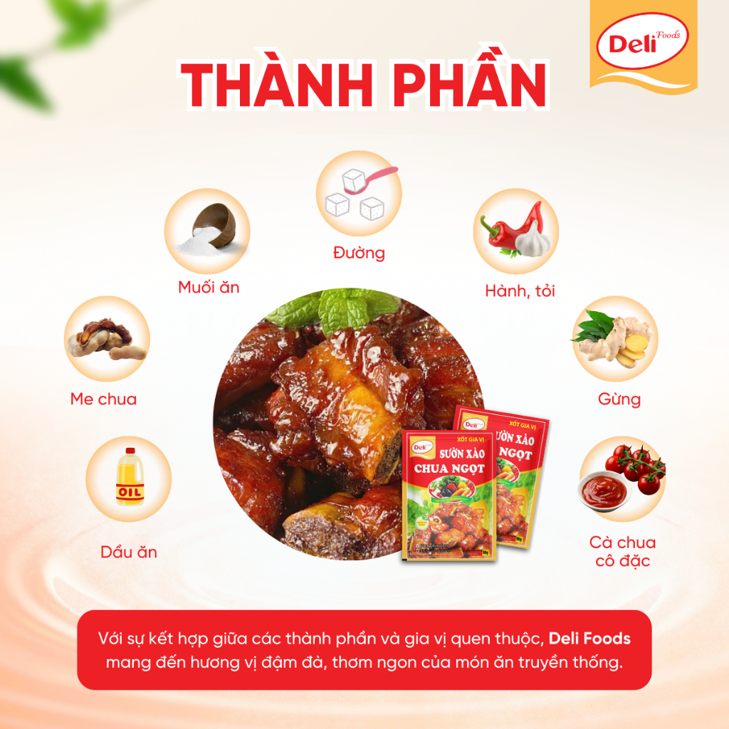 Combo Xốt Gia vị Sườn Xào Chua Ngọt Deli Foods 80g – ướp sẵn ngon chuẩn vị, nấu nhanh không cần nêm