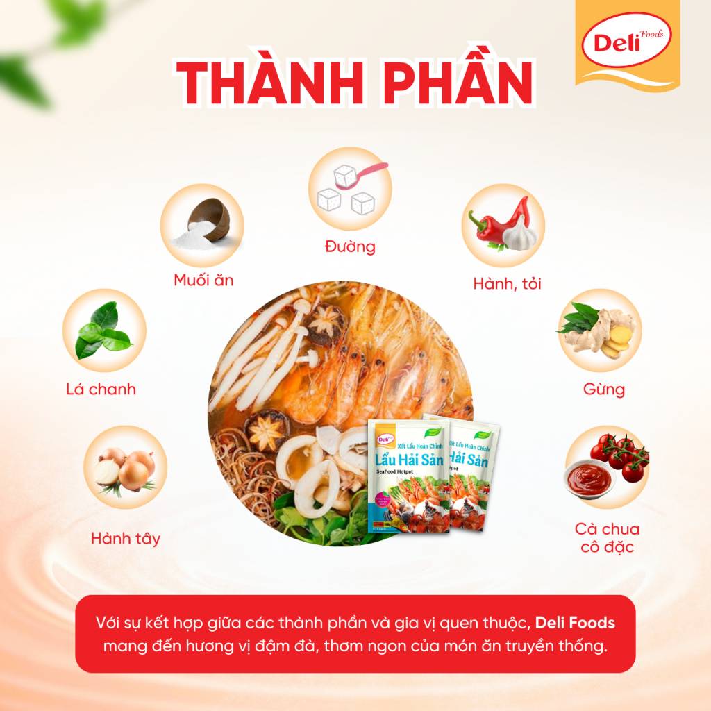 Combo Xốt Gia Vị Lẩu Hải Sản Deli Foods 100g – Gói Nêm Sẵn Nước Lẩu Hoàn Chỉnh, Cay Nhẹ Tròn Vị