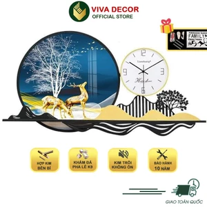 Đồng Hồ Treo Tường Trang Trí khung kim loại kết hợp tranh tráng gương hươu tài lộc ViVa Decor V332