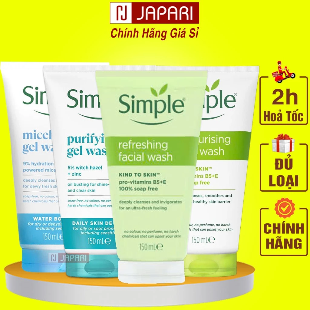 Sữa Rửa Mặt Simple CHÍNH HÃNG Cho Da Dầu Mụn, Khô, Nhạy Cảm