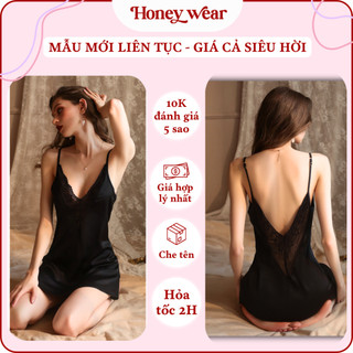 [REN GỢI CẢM - FORM ĐỒNG HỒ] Váy Ngủ Lụa Phối Ren Hai Dây Xẻ Ngực Cổ V Hở Lưng Honey Wear Sang Trọng A103