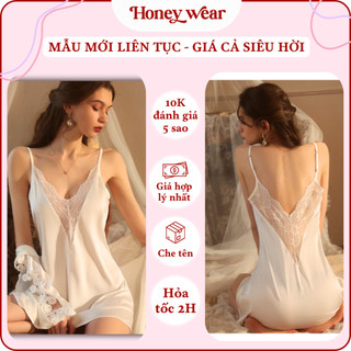 [REN GỢI CẢM - FORM ĐỒNG HỒ] Váy Ngủ Lụa Phối Ren Hai Dây Xẻ Ngực Cổ V Hở Lưng Honey Wear Sang Trọng A103