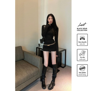 Đầm ôm body cổ cao dài tay thu đông LUST Váy đen thiết kế tôn eo hack dáng chất cotton mềm mịn M240