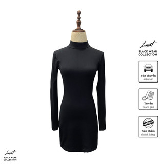 Đầm ôm body cổ cao dài tay thu đông LUST Váy đen thiết kế tôn eo hack dáng chất cotton mềm mịn M240