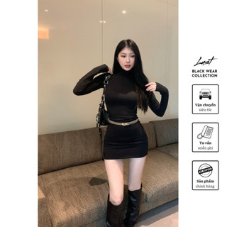 Đầm ôm body cổ cao dài tay thu đông LUST Váy đen thiết kế tôn eo hack dáng chất cotton mềm mịn M240