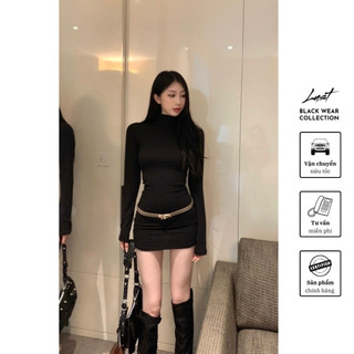 Đầm ôm body cổ cao dài tay thu đông LUST Váy đen thiết kế tôn eo hack dáng chất cotton mềm mịn M240