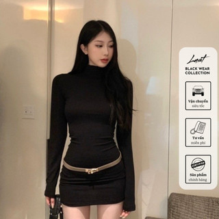 Đầm ôm body cổ cao dài tay thu đông LUST Váy đen thiết kế tôn eo hack dáng chất cotton mềm mịn M240
