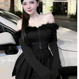Áo thun trễ vai dáng ôm dài tay phốilông siêu chảnh New hót thời trang 2024