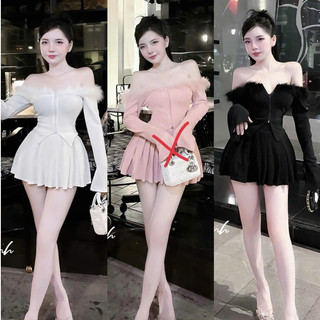 Áo thun trễ vai dáng ôm dài tay phốilông siêu chảnh New hót thời trang 2024