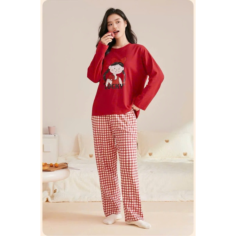 Sét bộ nữ mặc nhà thu đông JULY FASHION, Đồ bộ dài màu đỏ noel in hình form rộng thoải mái, chất thun xượt kate mềm mát