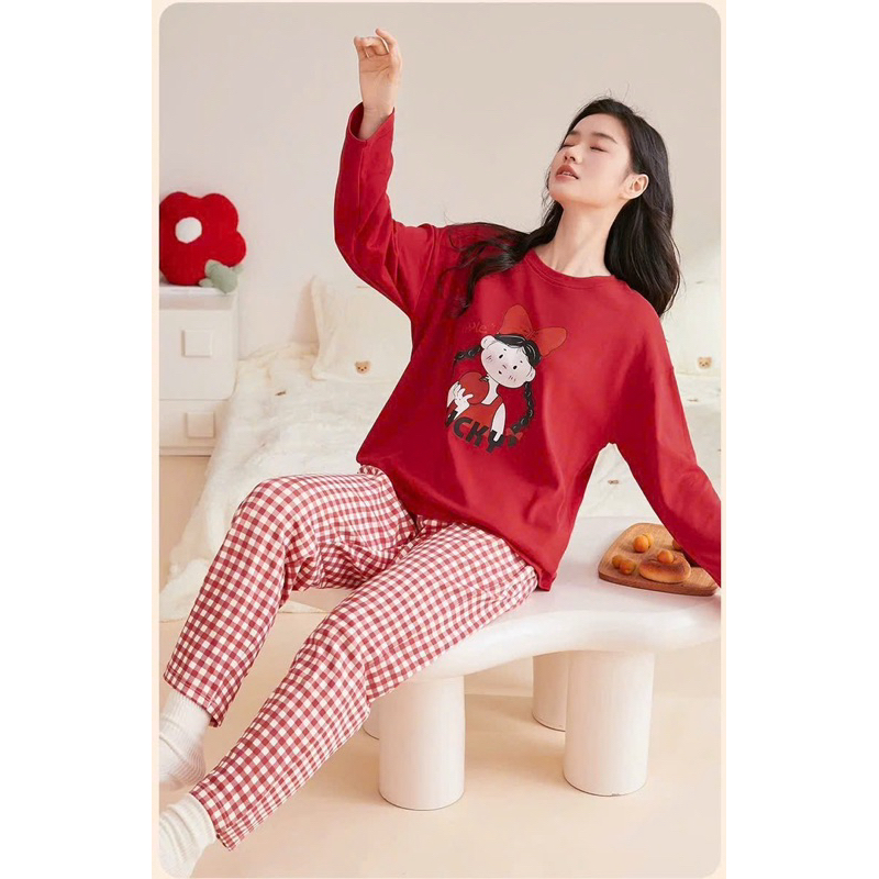 Sét bộ nữ mặc nhà thu đông JULY FASHION, Đồ bộ dài màu đỏ noel in hình form rộng thoải mái, chất thun xượt kate mềm mát