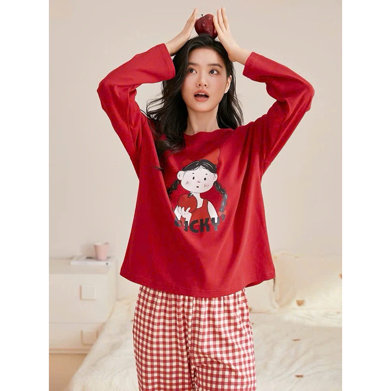 Sét bộ nữ mặc nhà thu đông JULY FASHION, Đồ bộ dài màu đỏ noel in hình form rộng thoải mái, chất thun xượt kate mềm mát