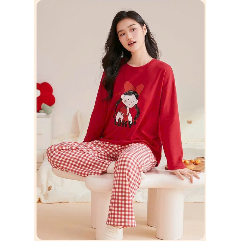 Sét bộ nữ mặc nhà thu đông JULY FASHION, Đồ bộ dài màu đỏ noel in hình form rộng thoải mái, chất thun xượt kate mềm mát