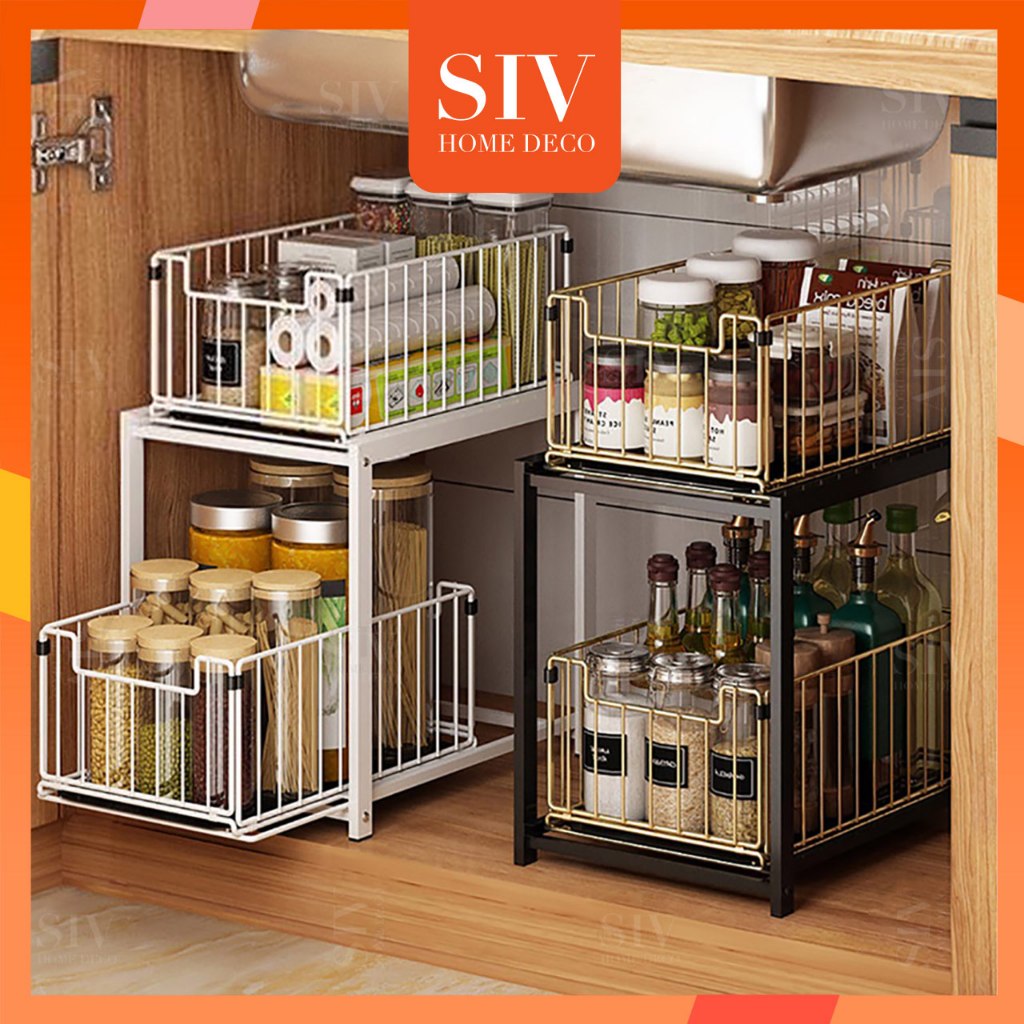 SIV Kệ Gia Vị Đa Năng, 2 Tầng, Kệ hình chữ L được thiết kế ngăn kéo trượt thông minh