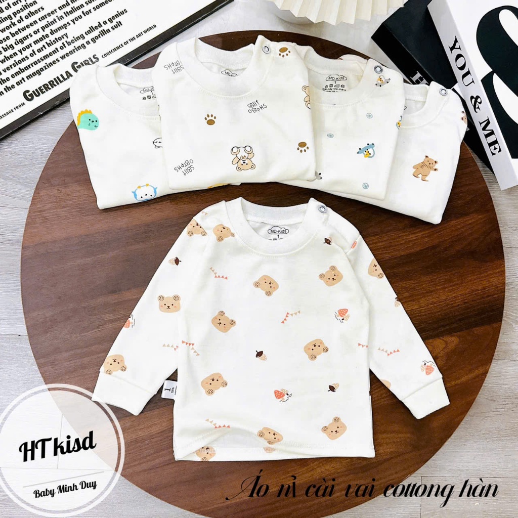 Áo COTTON NỈ HÀN dài tay cài vai thu đông nền trắng kem cho bé trai bé gái 4-14kg mesocshop