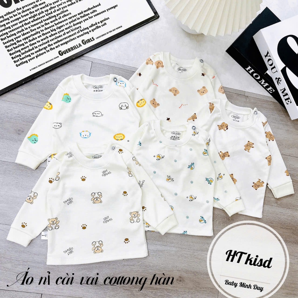 Áo COTTON NỈ HÀN dài tay cài vai thu đông nền trắng kem cho bé trai bé gái 4-14kg mesocshop
