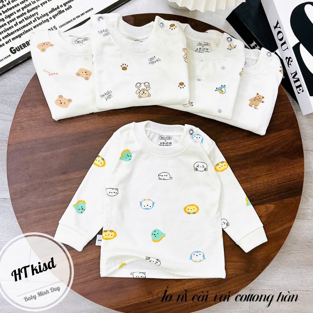 Áo COTTON NỈ HÀN dài tay cài vai thu đông nền trắng kem cho bé trai bé gái 4-14kg mesocshop