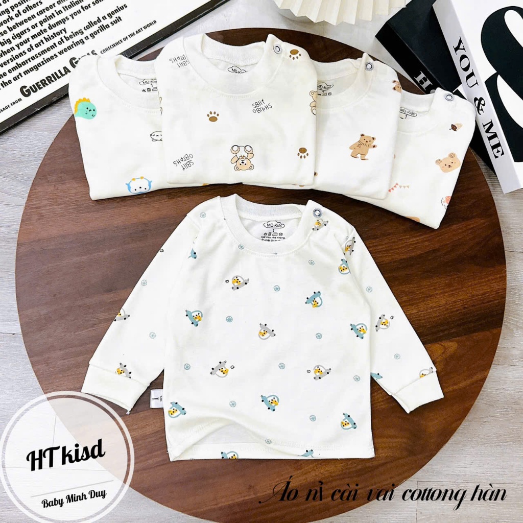 Áo COTTON NỈ HÀN dài tay cài vai thu đông nền trắng kem cho bé trai bé gái 4-14kg mesocshop