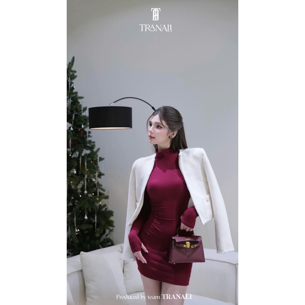 set đồ nữ váy body thun zip dài tay mix áo dạ trắng choàng croptop, Set váy đỏ thun phối áo khoác sang chảnh