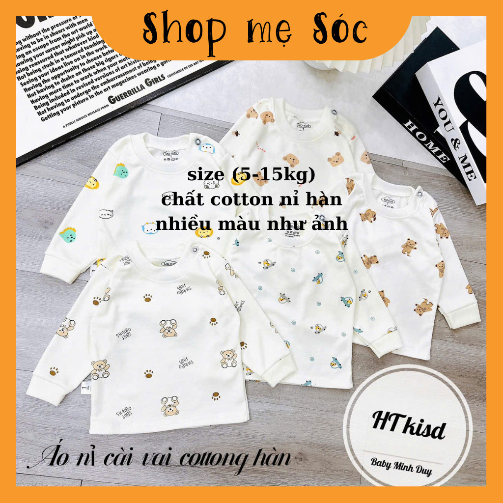Áo COTTON NỈ HÀN dài tay cài vai thu đông nền trắng kem cho bé trai bé gái 4-14kg mesocshop