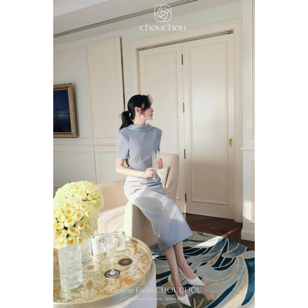 Đầm váy nữ cộc tay dáng dài cổ thuyền khoét lưng V, Đầm váy nữ cổ thuyền phối chân váy dáng chữ A chiết eo sang chảnh