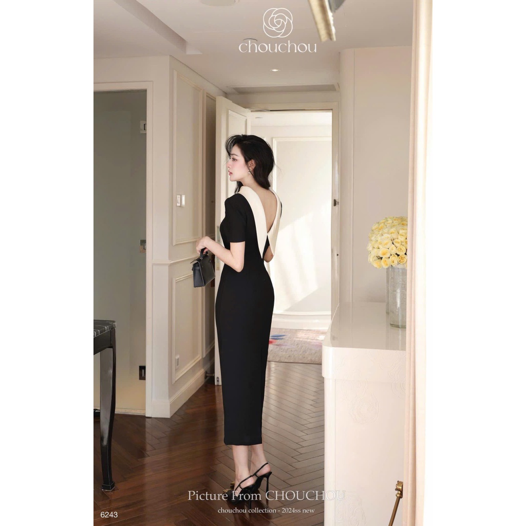 Đầm váy nữ cộc tay dáng dài cổ thuyền khoét lưng V, Đầm váy nữ cổ thuyền phối chân váy dáng chữ A chiết eo sang chảnh