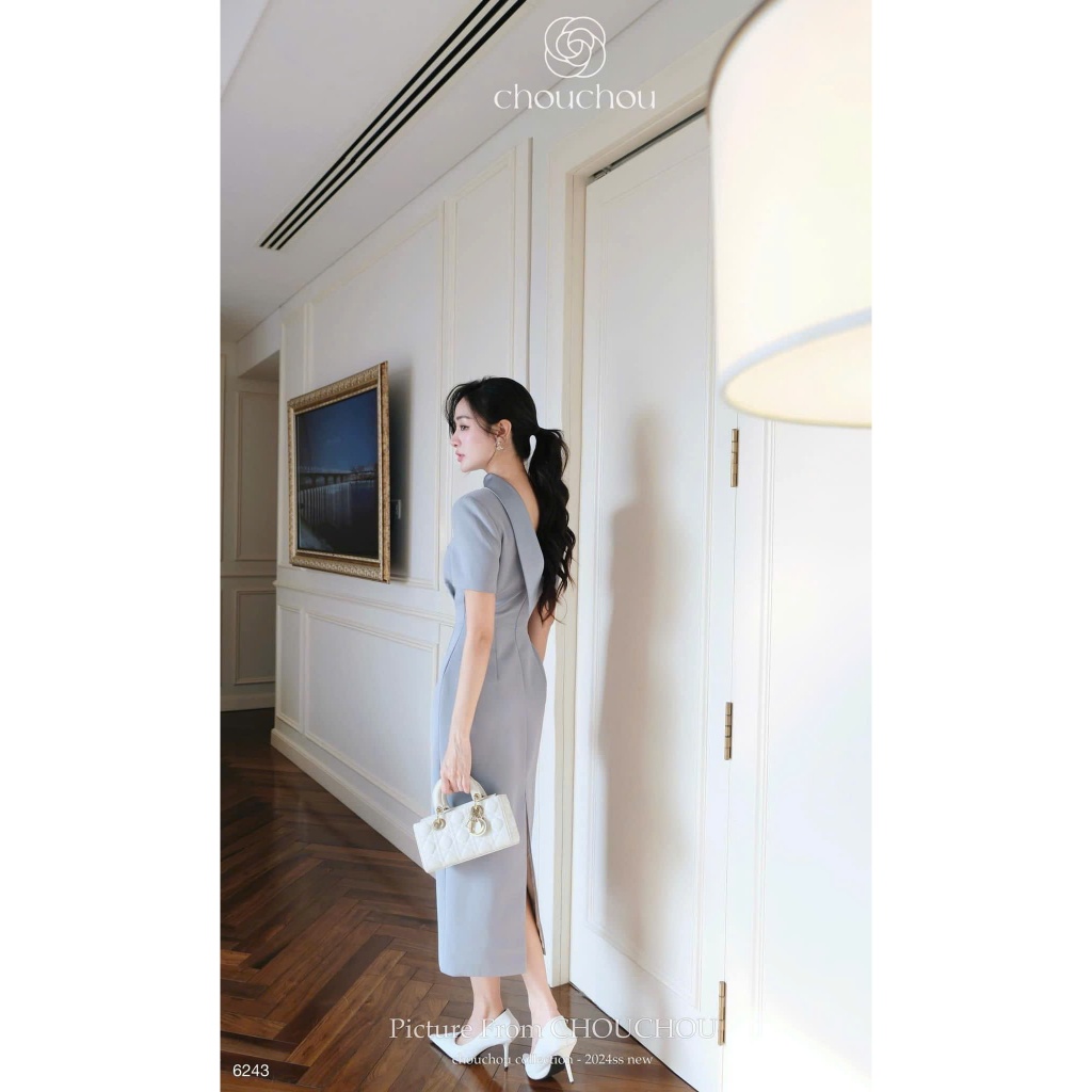 Đầm váy nữ cộc tay dáng dài cổ thuyền khoét lưng V, Đầm váy nữ cổ thuyền phối chân váy dáng chữ A chiết eo sang chảnh