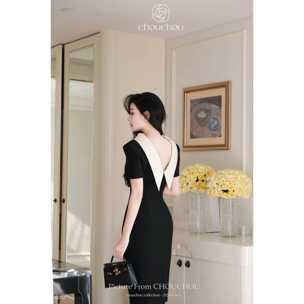 Đầm váy nữ cộc tay dáng dài cổ thuyền khoét lưng V, Đầm váy nữ cổ thuyền phối chân váy dáng chữ A chiết eo sang chảnh