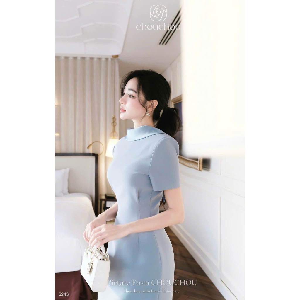 Đầm váy nữ cộc tay dáng dài cổ thuyền khoét lưng V, Đầm váy nữ cổ thuyền phối chân váy dáng chữ A chiết eo sang chảnh