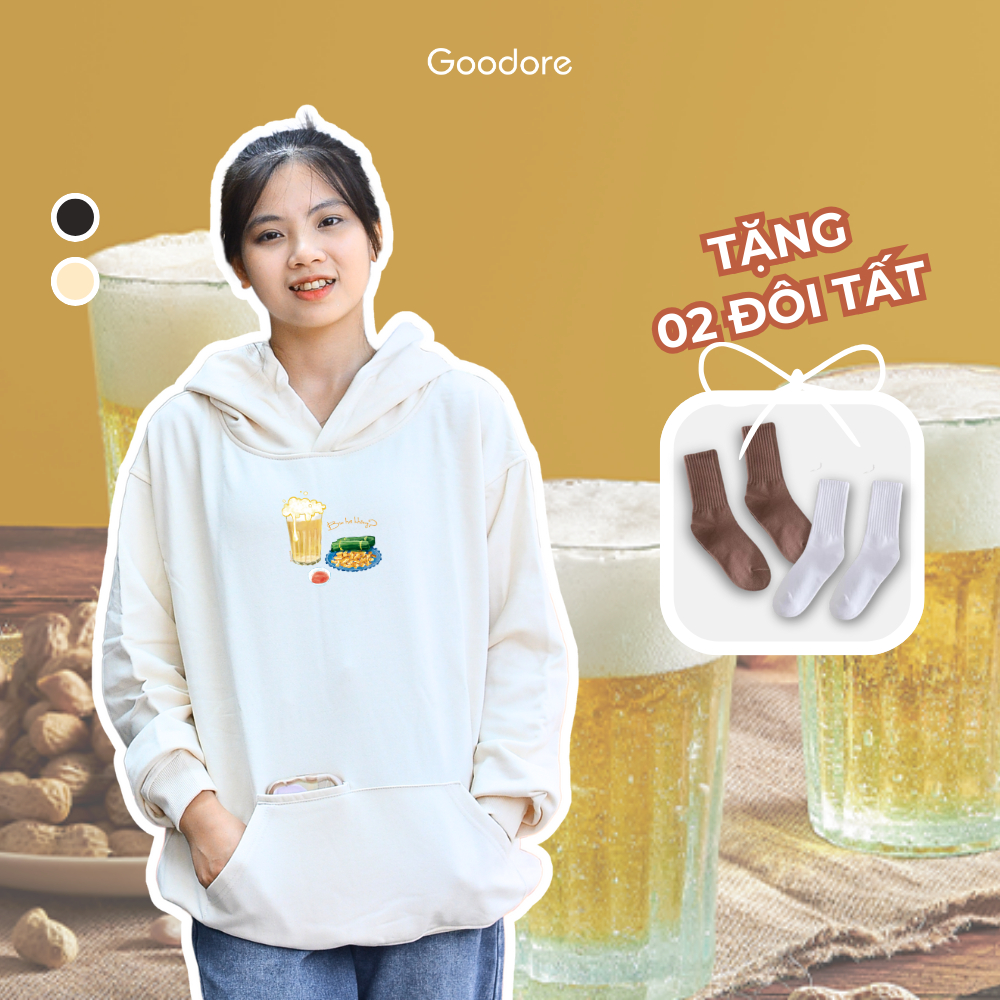 Áo Hoodie nỉ chân cua (Nỉ Da Cá) thương hiệu Goodore mẫu Bia Hơi dáng Oversize năng động mùa thu đông