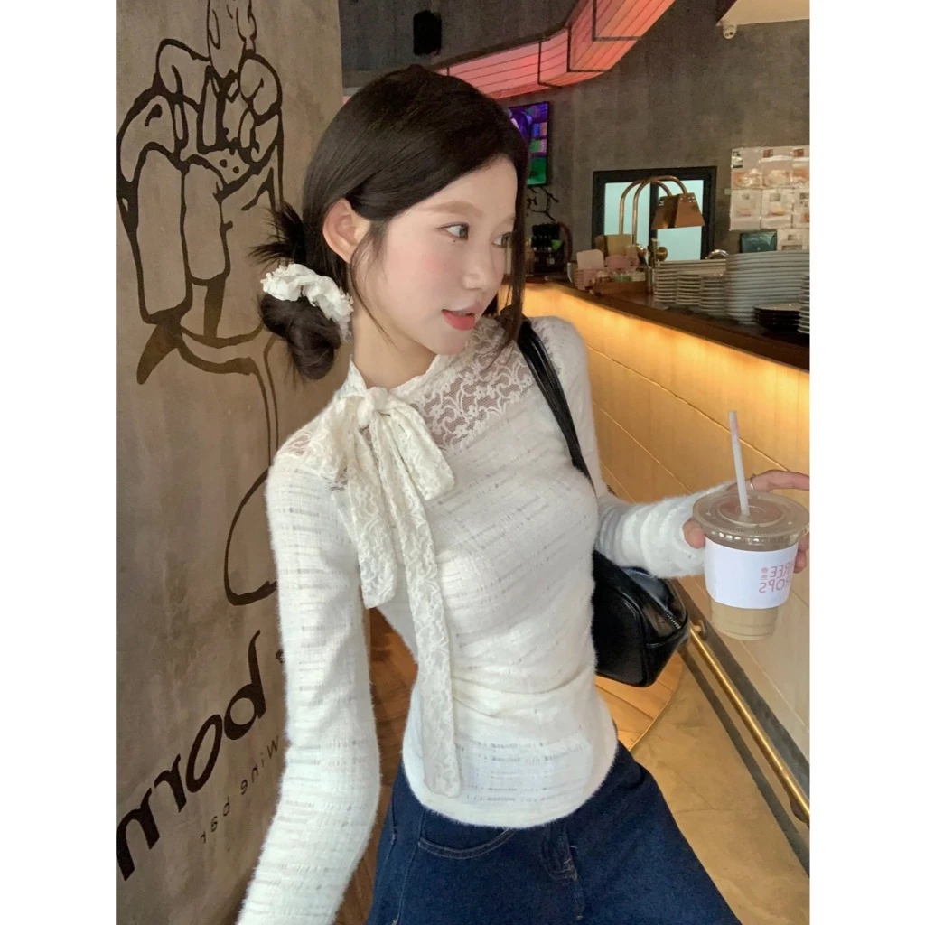 Áo thun tay dài áo thun ôm body áo thun trơn Cổ Tròn ren sang chảnh Bun222