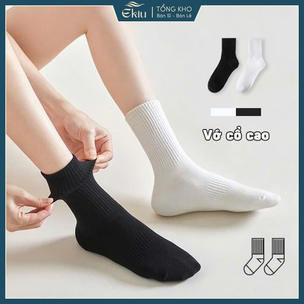 Tất vớ nam nữ cổ cao phong cách Hàn Quốc basic đen trắng, chất liệu cotton co giãn thoáng khí - Ekiu Shop