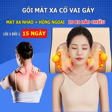Gối massage hồng ngoại, mát xa cổ vai gáy 20 bi đảo chiều cao cấp, gối mát xa giảm đau mỏi toàn thân