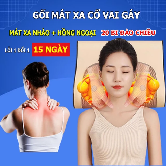 Gối massage hồng ngoại, mát xa cổ vai gáy 20 bi đảo chiều cao cấp, gối mát xa giảm đau mỏi toàn thân