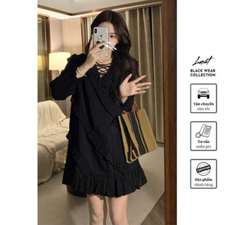 Váy babydoll cổ V đan dây phối bèo LUST chất liệu dày dặn T05