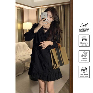 Váy babydoll cổ V đan dây phối bèo LUST chất liệu dày dặn T05