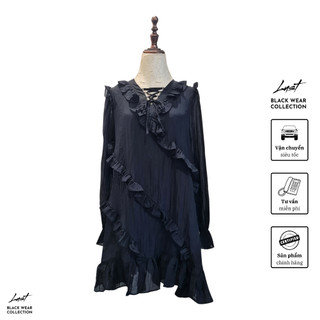 Váy babydoll cổ V đan dây phối bèo LUST chất liệu dày dặn T05