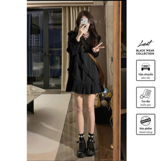 Váy babydoll cổ V đan dây phối bèo LUST chất liệu dày dặn T05