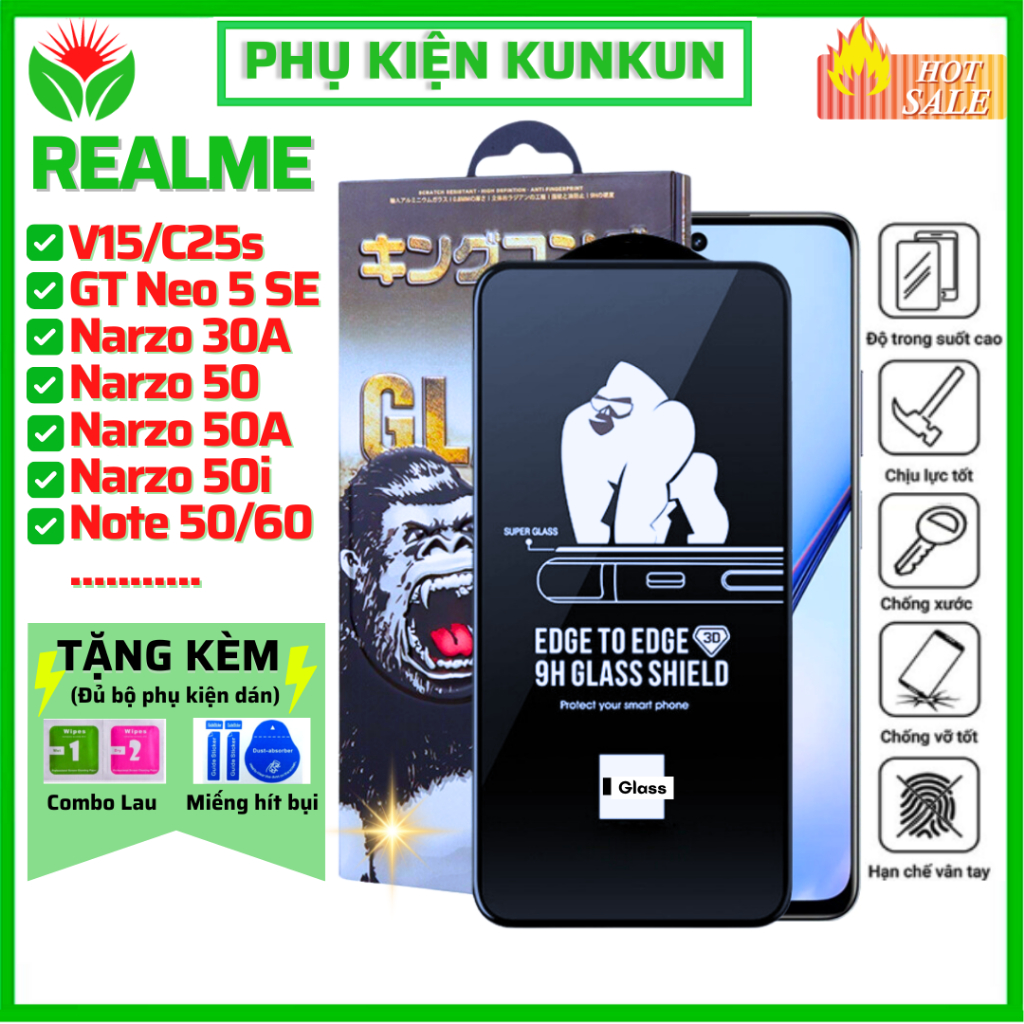 Cường lực Realme 16 15 14 5G 15T 5G C71 C75 C75X Note 60x V15 GT Neo 5 SE Narzo 30A 50 50A 50i Note 50 60 70 80 [KK 3D]