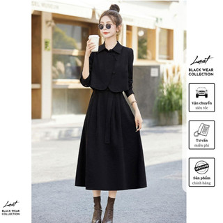 Set váy sơmi kèm đai phối áo khoác croptop tay bồng LUST chất liệu dày dặn V224