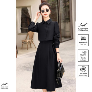 Set váy sơmi kèm đai phối áo khoác croptop tay bồng LUST chất liệu dày dặn V224