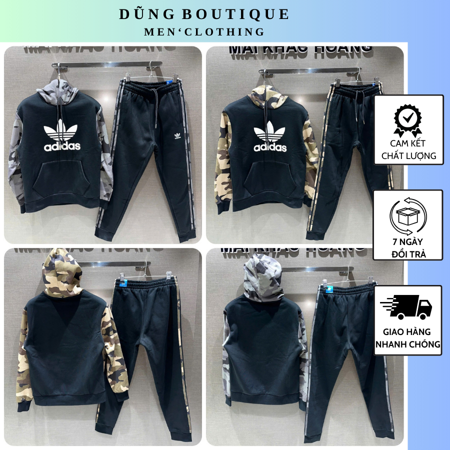 Bộ Nỉ Nam Hoodie A Di Đát In Logo Phối Tay Áo Rằn Ri Hot Hit_ Bộ Nỉ Nam ...