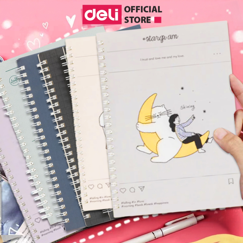 Sổ Lò Xo Kép A5 Deli - Sổ Gáy Xoắn 120 Trang Giấy Kẻ Ngang Chống Lóa - Sổ Tay Tập Vở Học Sinh Ghi Bài Takenote Planner