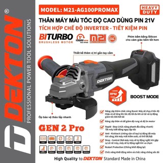 Thân Máy Mài Góc Dùng Pin Dekton M21-AG100PROMAX - Tốc 10000 vòng/phút - Motor Brushless - Chân Pin Phổ Thông