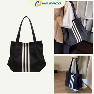 Túi tote vải nữ 3 sọc HASACO TTVD0001 đựng laptop cỡ lớn đeo vai phong cách Nhật Bản đi học đi chơi
