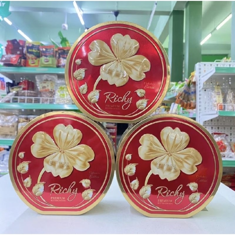 BÁnh quy richy- bánh cookies hạnh nhân- hộp thiếc in hình cỏ bốn lá may ...